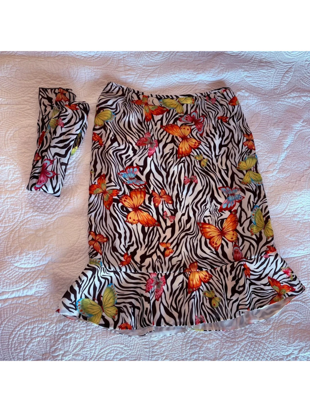 Le Suit Zebra Print with Multicolored Butterflies Vintage Y2K 2000’s Skirt&scarf